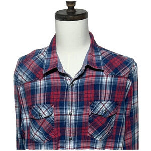 Desert Son Shirt Mens XXL Red Blue Plaid Flannel Pearl Snap Peaks Bentley